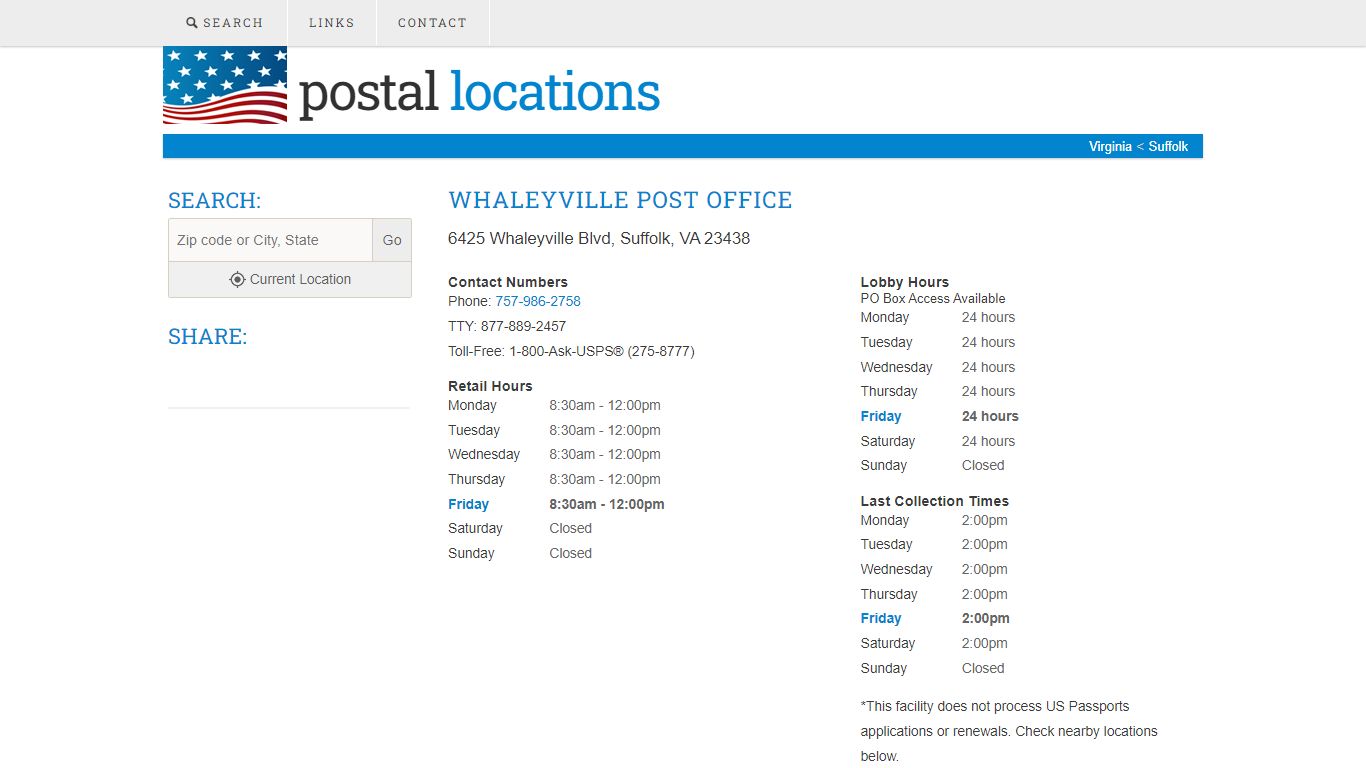 Post Office in Suffolk, VA - Whaleyville Location - Postal Locations